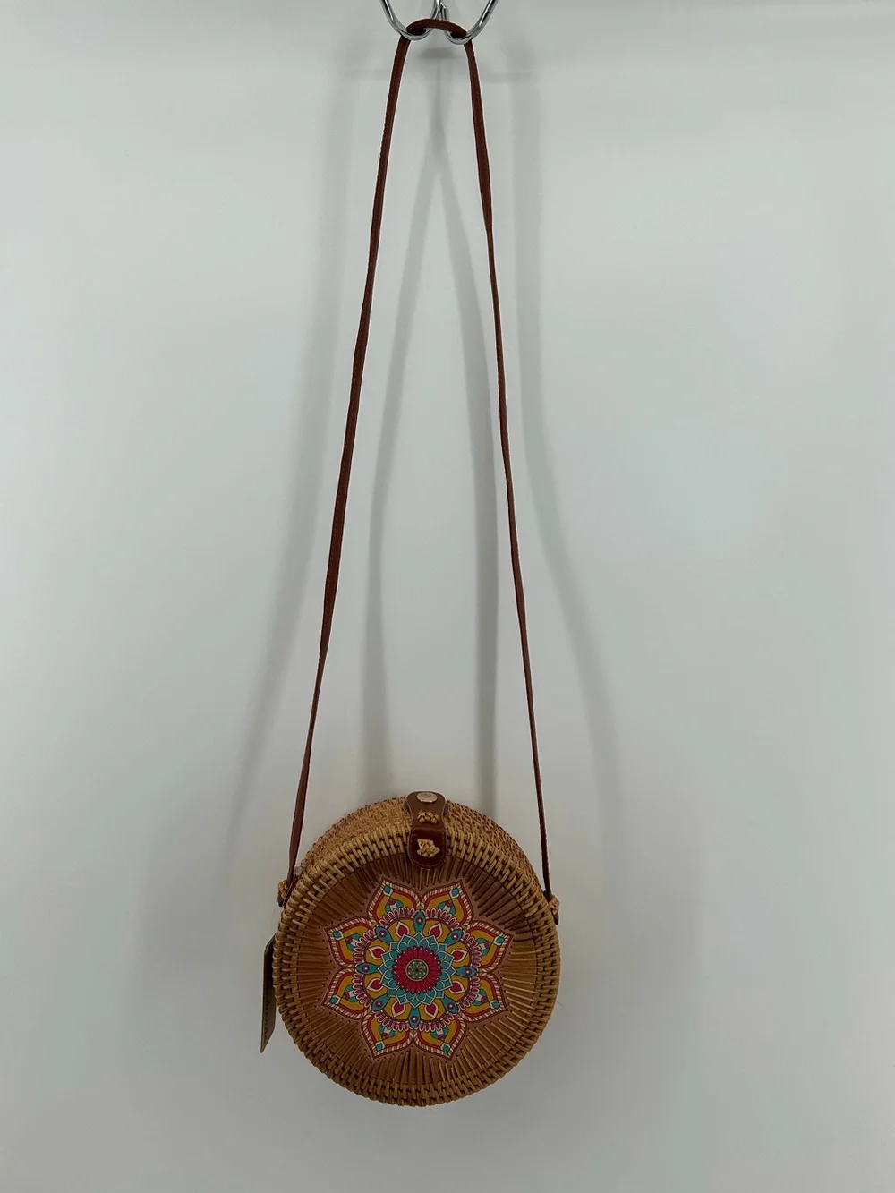 Francesca's Collections Round Woven Crossbody in Brown with Multicolor Mandala - Picture 2 of 8